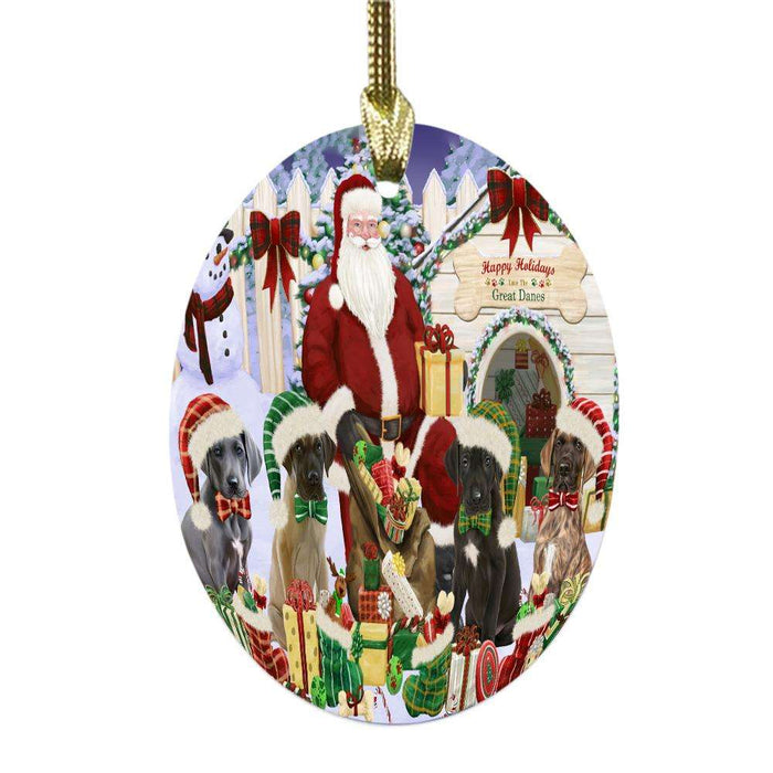 Happy Holidays Christmas Great Danes Dog House Gathering Oval Glass Christmas Ornament OGOR49705