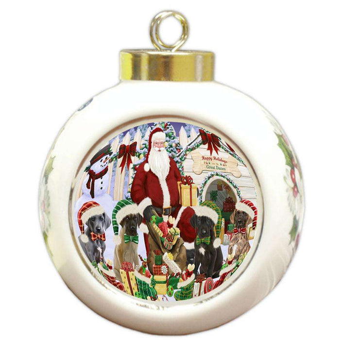 Happy Holidays Christmas Great Danes Dog House Gathering Round Ball Christmas Ornament RBPOR51454
