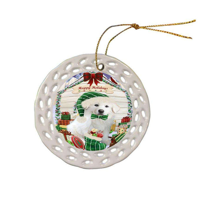 Happy Holidays Christmas Great Pyrenee Dog With Presents Ceramic Doily Ornament DPOR52659