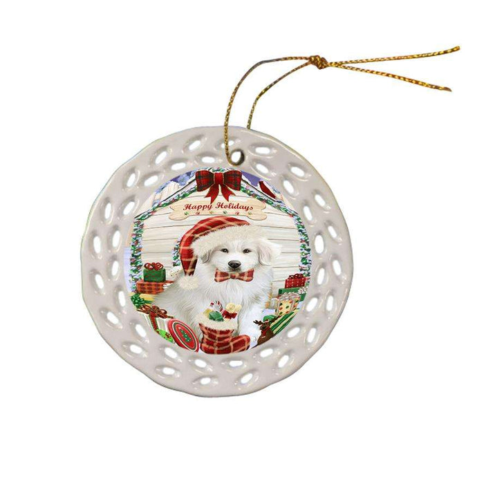 Happy Holidays Christmas Great Pyrenee Dog With Presents Ceramic Doily Ornament DPOR52660