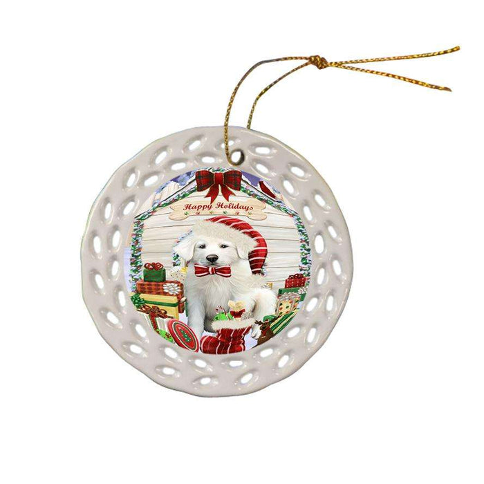 Happy Holidays Christmas Great Pyrenee Dog With Presents Ceramic Doily Ornament DPOR52661