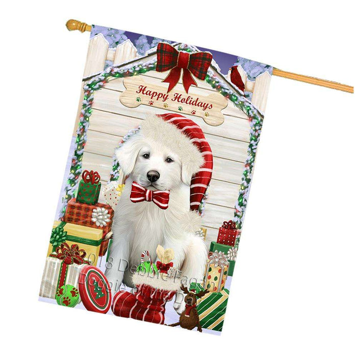 Happy Holidays Christmas Great Pyrenee Dog With Presents House Flag FLG52742