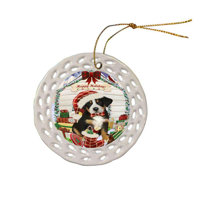 Happy Holidays Christmas Greater Swiss Mountain Dog With Presents Ceramic Doily Ornament DPOR52664