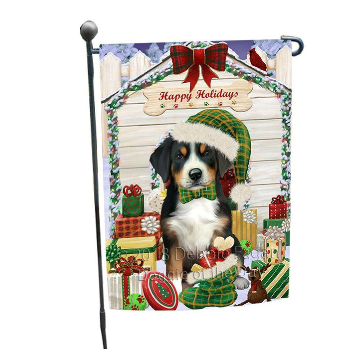 Happy Holidays Christmas Greater Swiss Mountain Dog With Presents Garden Flag GFLG52607