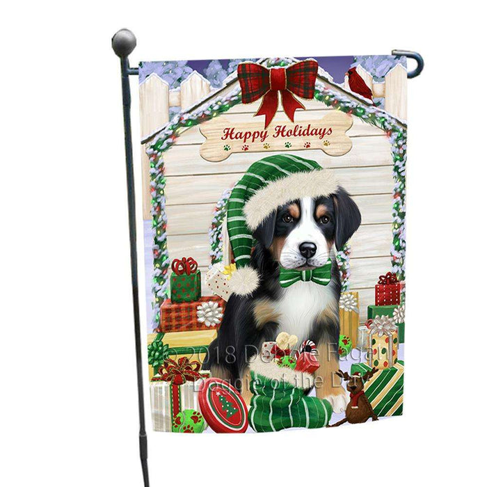 Happy Holidays Christmas Greater Swiss Mountain Dog With Presents Garden Flag GFLG52608