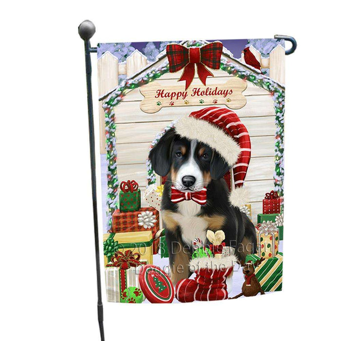 Happy Holidays Christmas Greater Swiss Mountain Dog With Presents Garden Flag GFLG52610