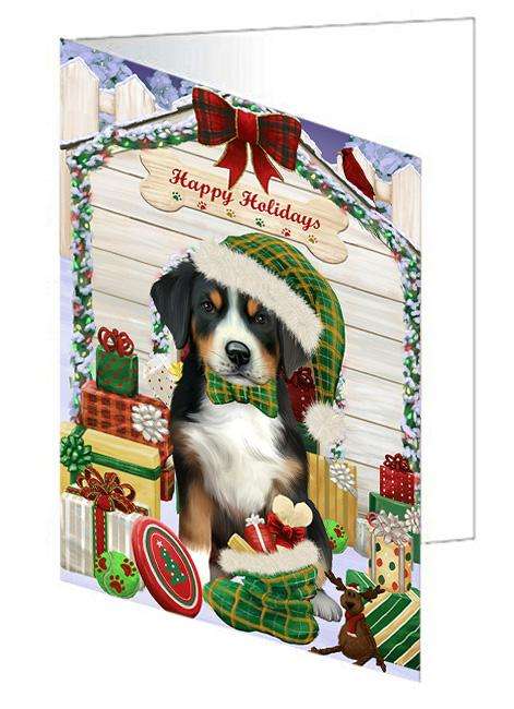 Happy Holidays Christmas Greater Swiss Mountain Dog With Presents Handmade Artwork Assorted Pets Greeting Cards and Note Cards with Envelopes for All Occasions and Holiday Seasons GCD62015
