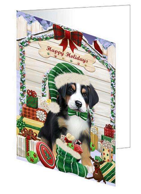 Happy Holidays Christmas Greater Swiss Mountain Dog With Presents Handmade Artwork Assorted Pets Greeting Cards and Note Cards with Envelopes for All Occasions and Holiday Seasons GCD62018