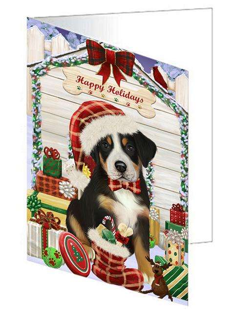 Happy Holidays Christmas Greater Swiss Mountain Dog With Presents Handmade Artwork Assorted Pets Greeting Cards and Note Cards with Envelopes for All Occasions and Holiday Seasons GCD62021