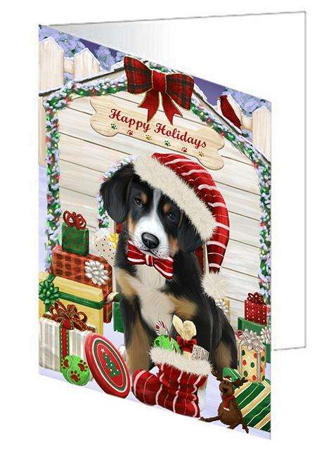 Happy Holidays Christmas Greater Swiss Mountain Dog With Presents Handmade Artwork Assorted Pets Greeting Cards and Note Cards with Envelopes for All Occasions and Holiday Seasons GCD62024