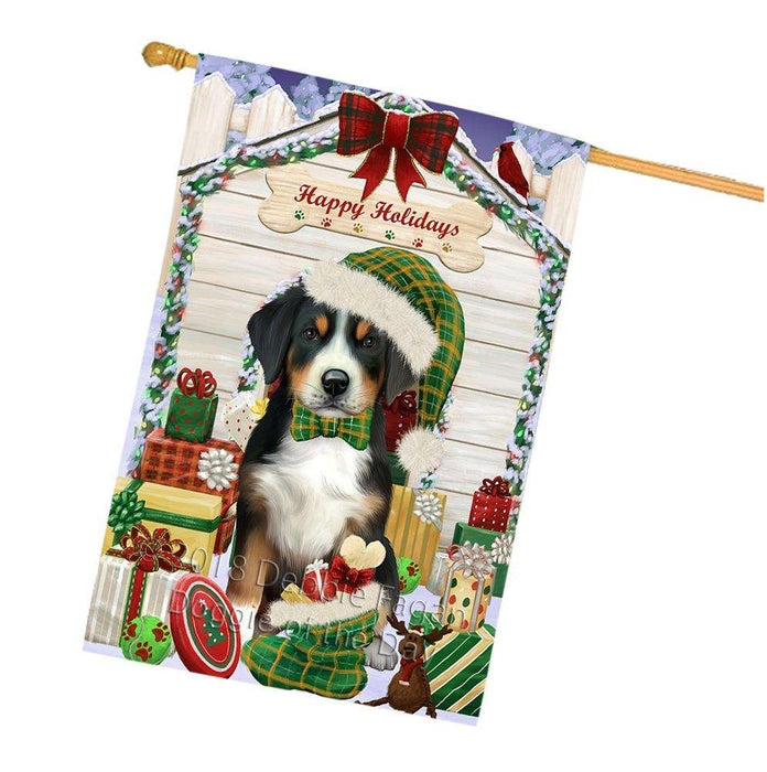 Happy Holidays Christmas Greater Swiss Mountain Dog With Presents House Flag FLG52743