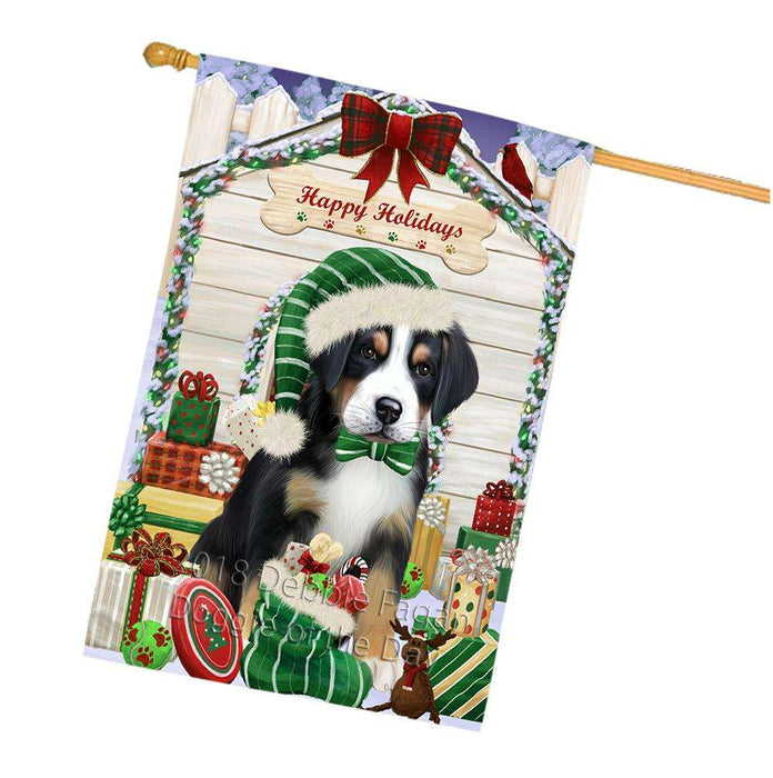 Happy Holidays Christmas Greater Swiss Mountain Dog With Presents House Flag FLG52744