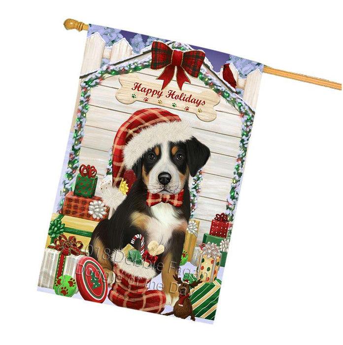 Happy Holidays Christmas Greater Swiss Mountain Dog With Presents House Flag FLG52745