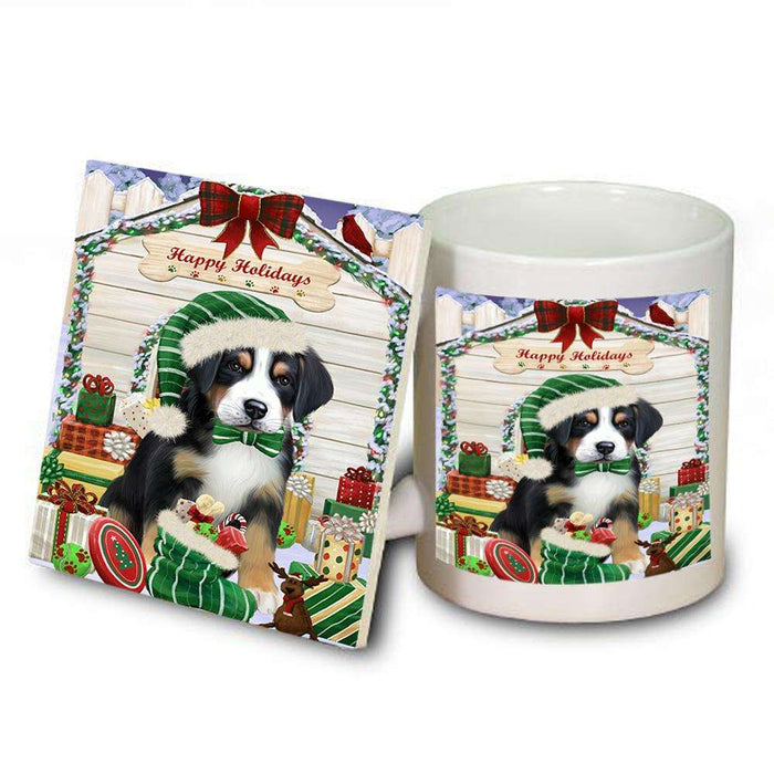 Happy Holidays Christmas Greater Swiss Mountain Dog With Presents Mug and Coaster Set MUC52655