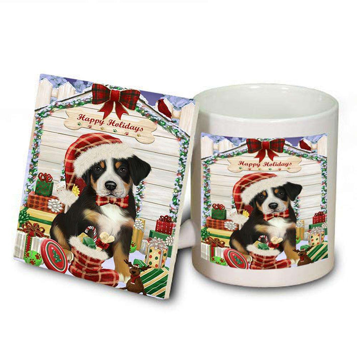 Happy Holidays Christmas Greater Swiss Mountain Dog With Presents Mug and Coaster Set MUC52656