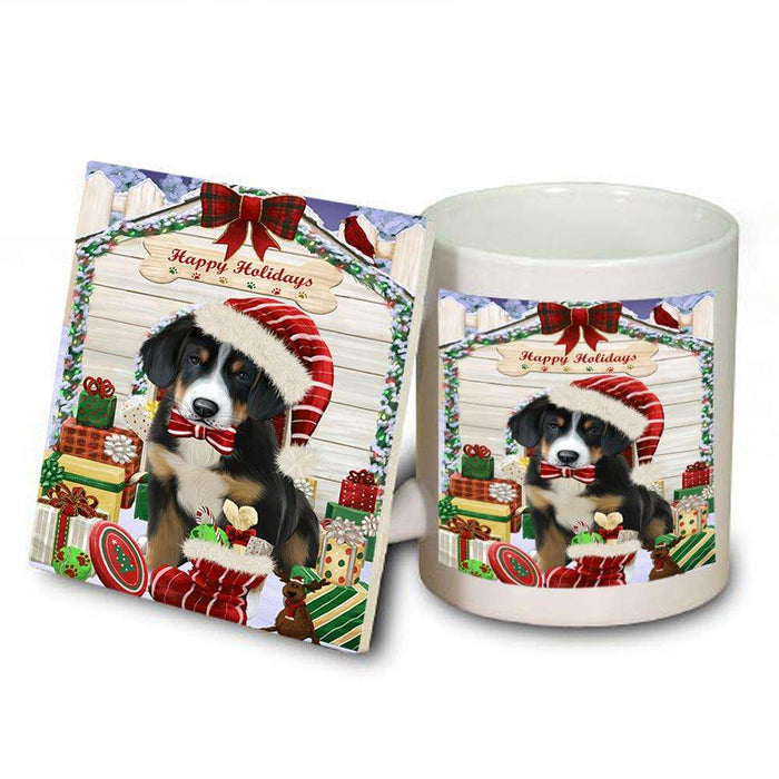 Happy Holidays Christmas Greater Swiss Mountain Dog With Presents Mug and Coaster Set MUC52657