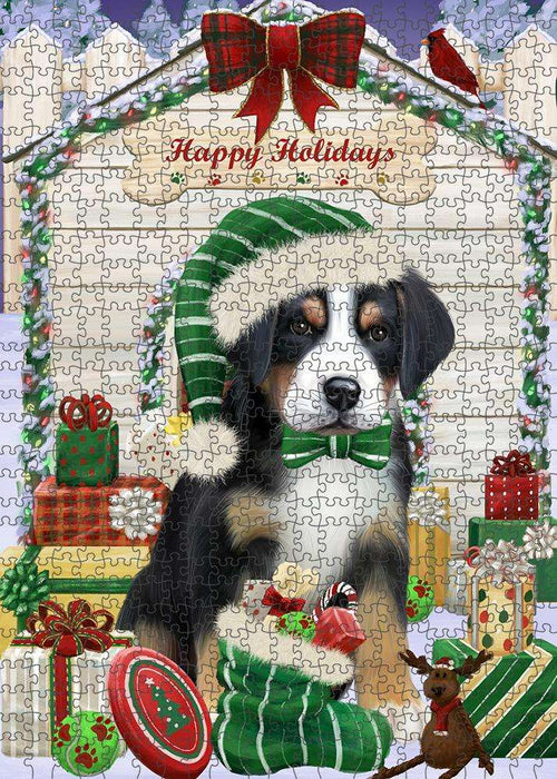 Happy Holidays Christmas Greater Swiss Mountain Dog With Presents Puzzle with Photo Tin PUZL61920