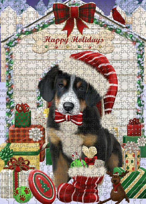 Happy Holidays Christmas Greater Swiss Mountain Dog With Presents Puzzle with Photo Tin PUZL61926