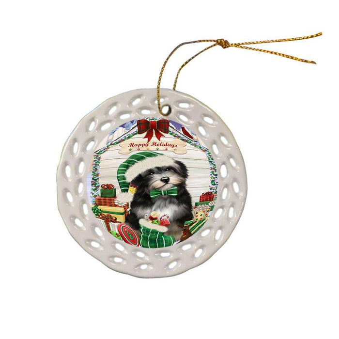 Happy Holidays Christmas Havanese Dog House with Presents Ceramic Doily Ornament DPOR51429