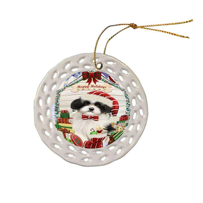 Happy Holidays Christmas Havanese Dog House with Presents Ceramic Doily Ornament DPOR51431
