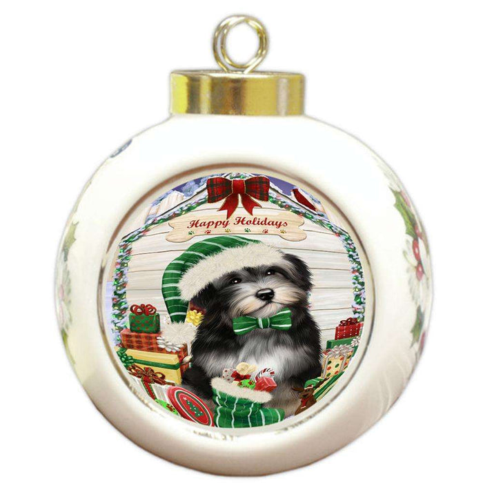 Happy Holidays Christmas Havanese Dog House with Presents Round Ball Christmas Ornament RBPOR51429