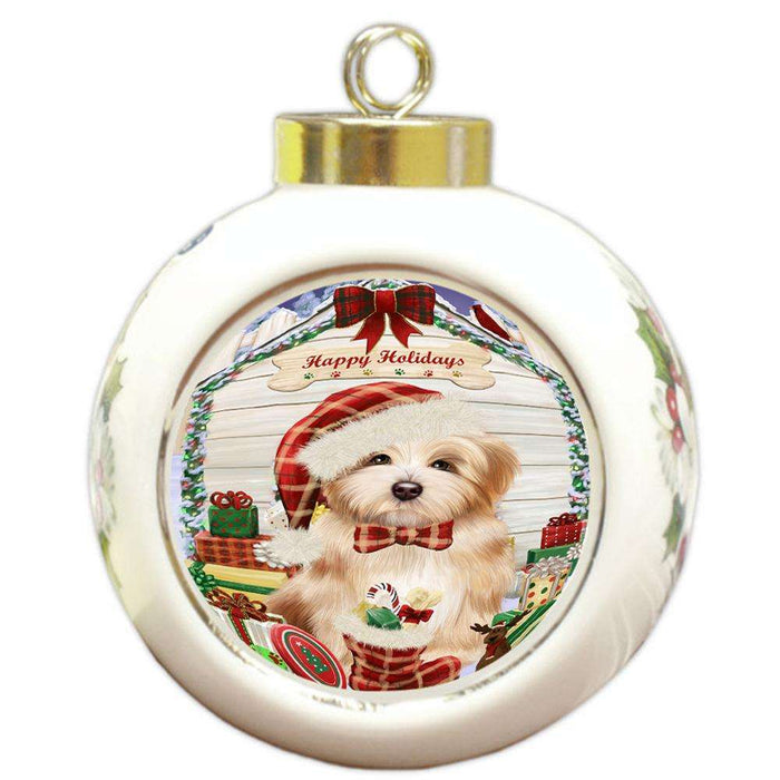 Happy Holidays Christmas Havanese Dog House with Presents Round Ball Christmas Ornament RBPOR51430