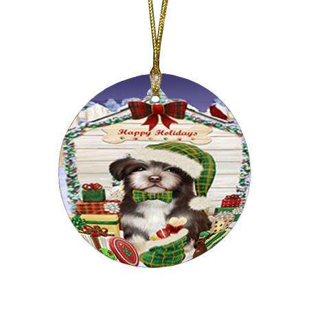 Happy Holidays Christmas Havanese Dog House with Presents Round Flat Christmas Ornament RFPOR51419