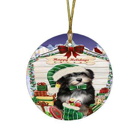 Happy Holidays Christmas Havanese Dog House with Presents Round Flat Christmas Ornament RFPOR51420