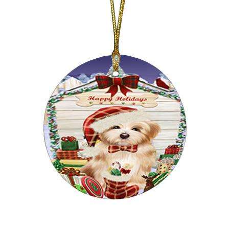Happy Holidays Christmas Havanese Dog House with Presents Round Flat Christmas Ornament RFPOR51421