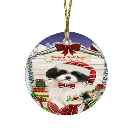 Happy Holidays Christmas Havanese Dog House with Presents Round Flat Christmas Ornament RFPOR51422