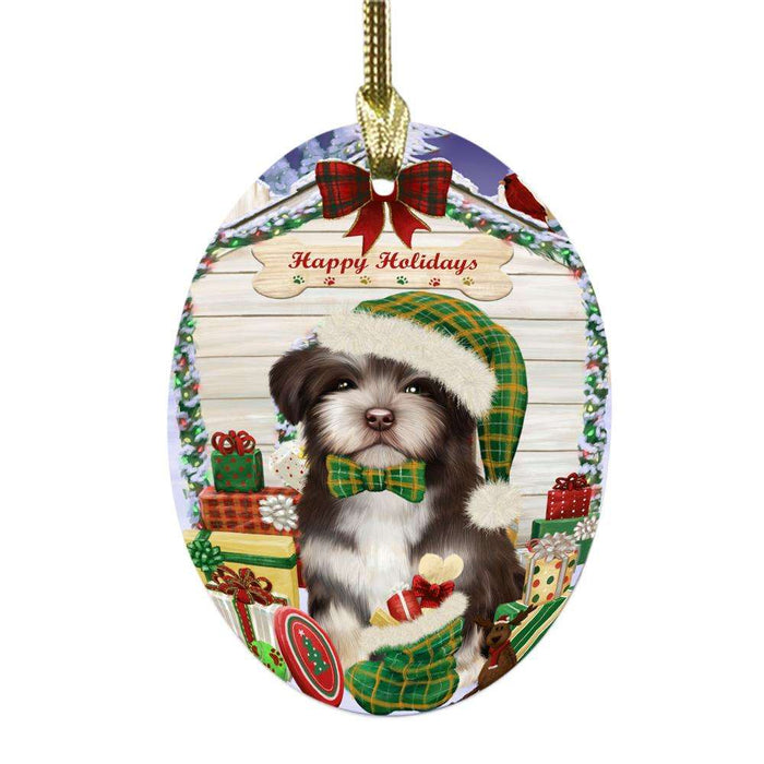 Happy Holidays Christmas Havanese House With Presents Oval Glass Christmas Ornament OGOR49878
