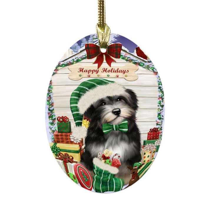 Happy Holidays Christmas Havanese House With Presents Oval Glass Christmas Ornament OGOR49879