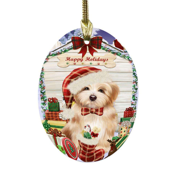 Happy Holidays Christmas Havanese House With Presents Oval Glass Christmas Ornament OGOR49880