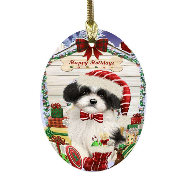 Happy Holidays Christmas Havanese House With Presents Oval Glass Christmas Ornament OGOR49881
