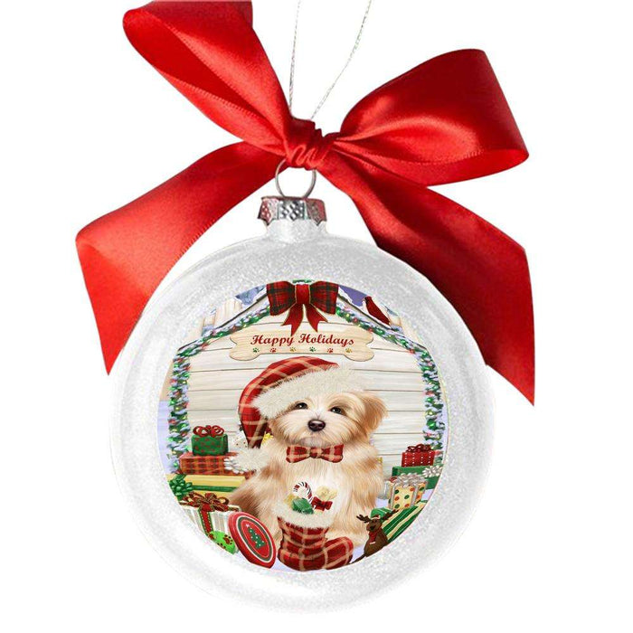 Happy Holidays Christmas Havanese House With Presents White Round Ball Christmas Ornament WBSOR49880