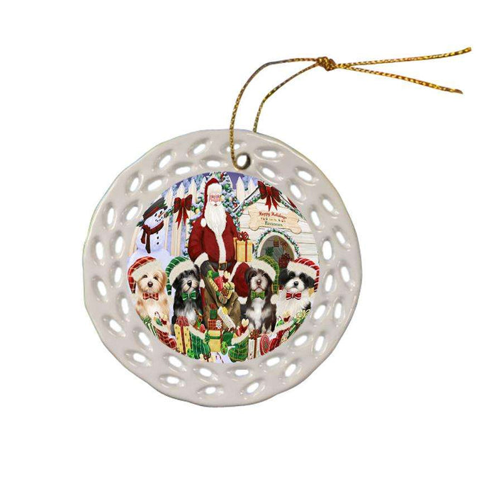 Happy Holidays Christmas Havaneses Dog House Gathering Ceramic Doily Ornament DPOR51455