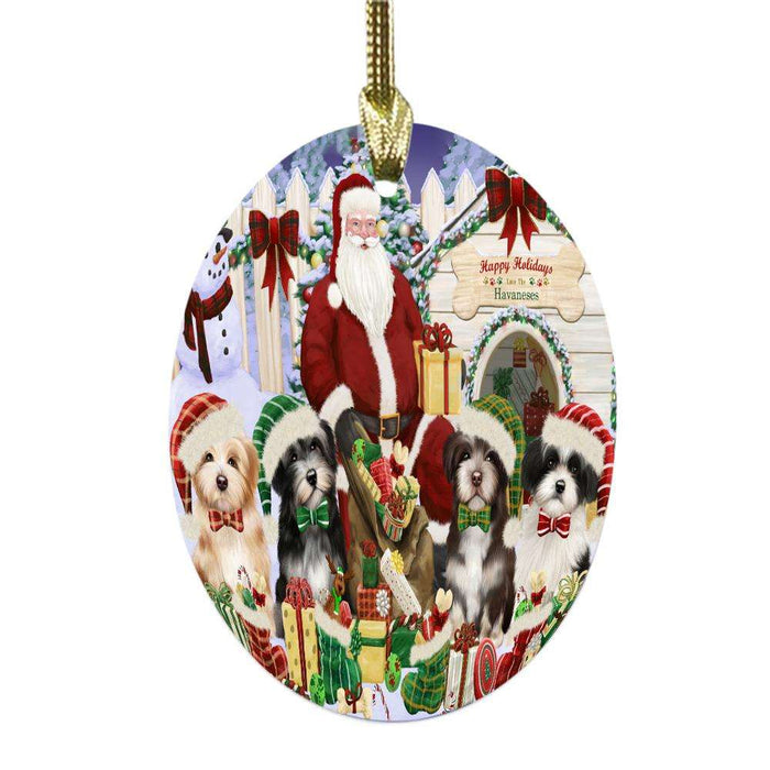 Happy Holidays Christmas Havaneses Dog House Gathering Oval Glass Christmas Ornament OGOR49706
