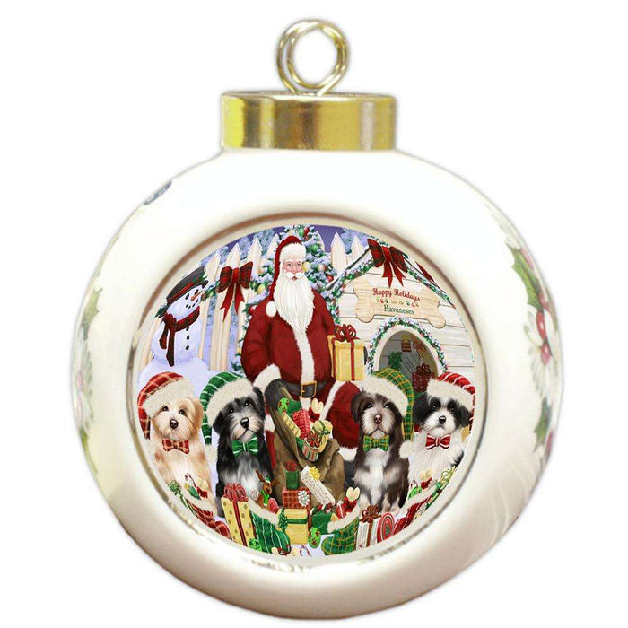 Happy Holidays Christmas Havaneses Dog House Gathering Round Ball Christmas Ornament RBPOR51455