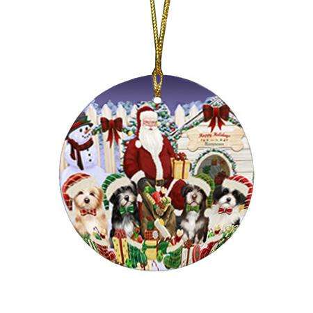 Happy Holidays Christmas Havaneses Dog House Gathering Round Flat Christmas Ornament RFPOR51446