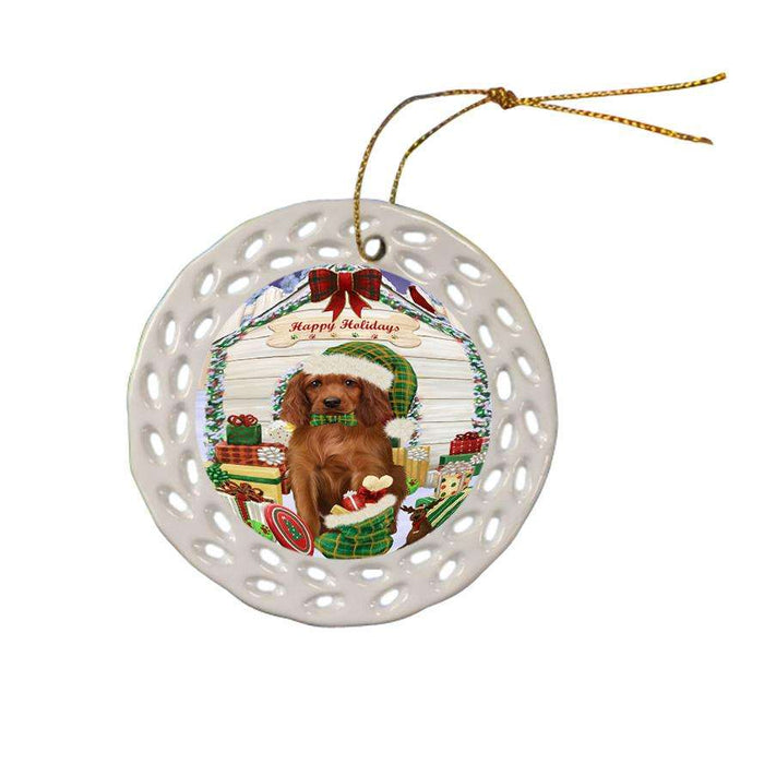 Happy Holidays Christmas Irish Setter Dog With Presents Ceramic Doily Ornament DPOR52666
