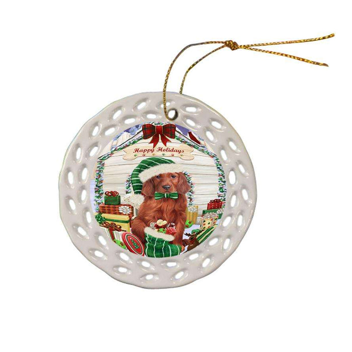 Happy Holidays Christmas Irish Setter Dog With Presents Ceramic Doily Ornament DPOR52667