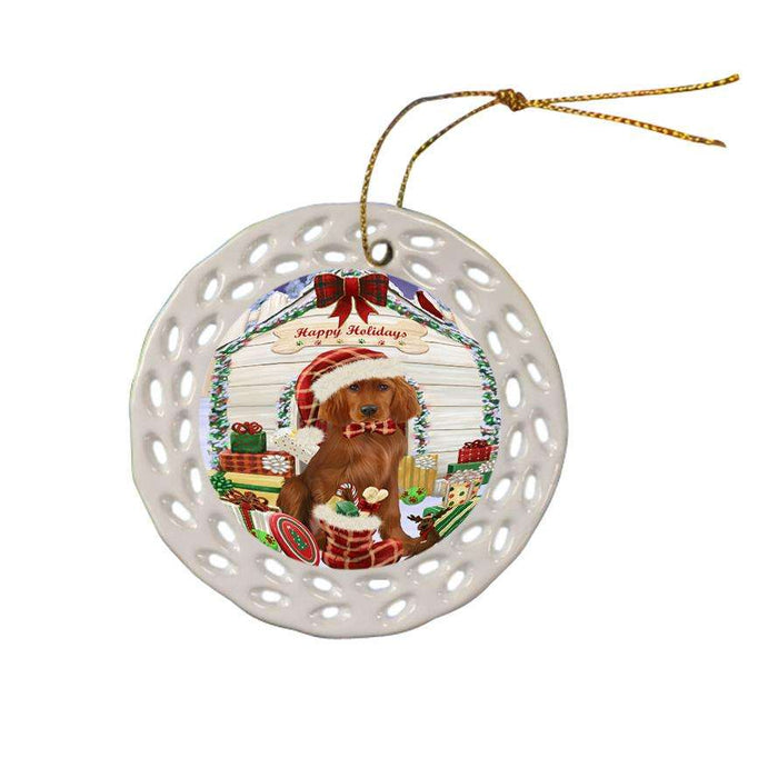 Happy Holidays Christmas Irish Setter Dog With Presents Ceramic Doily Ornament DPOR52668