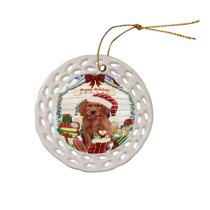 Happy Holidays Christmas Irish Setter Dog With Presents Ceramic Doily Ornament DPOR52669