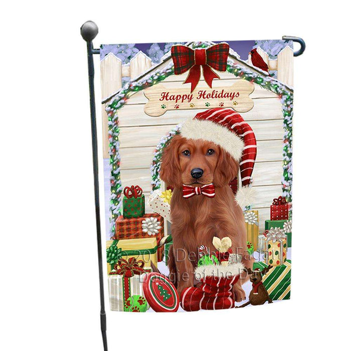 Happy Holidays Christmas Irish Setter Dog With Presents Garden Flag GFLG52614