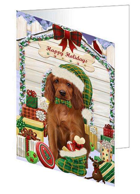 Happy Holidays Christmas Irish Setter Dog With Presents Handmade Artwork Assorted Pets Greeting Cards and Note Cards with Envelopes for All Occasions and Holiday Seasons GCD62027