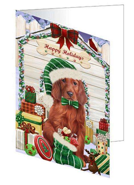 Happy Holidays Christmas Irish Setter Dog With Presents Handmade Artwork Assorted Pets Greeting Cards and Note Cards with Envelopes for All Occasions and Holiday Seasons GCD62030