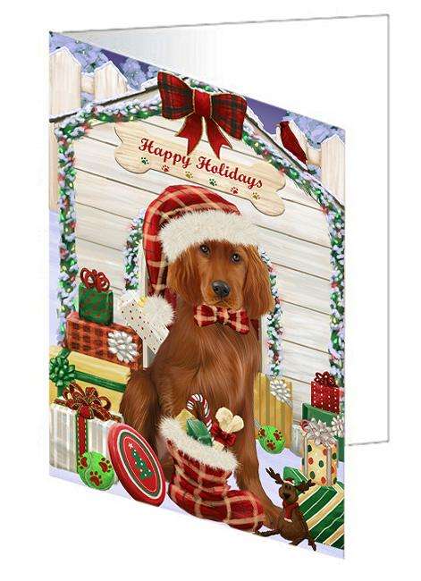 Happy Holidays Christmas Irish Setter Dog With Presents Handmade Artwork Assorted Pets Greeting Cards and Note Cards with Envelopes for All Occasions and Holiday Seasons GCD62033