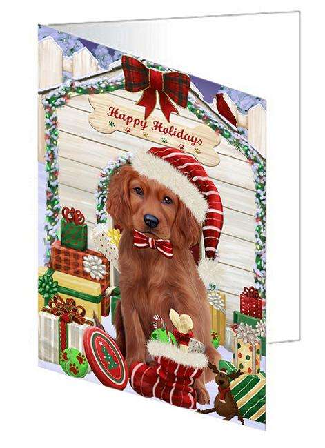 Happy Holidays Christmas Irish Setter Dog With Presents Handmade Artwork Assorted Pets Greeting Cards and Note Cards with Envelopes for All Occasions and Holiday Seasons GCD62036