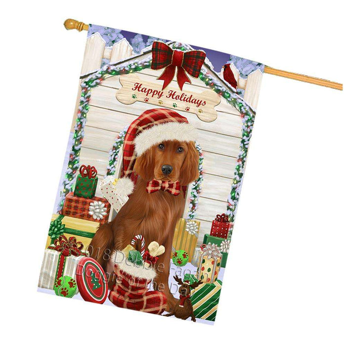 Happy Holidays Christmas Irish Setter Dog With Presents House Flag FLG52749