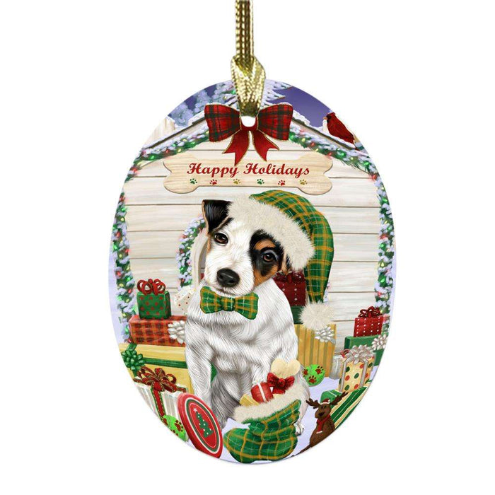 Happy Holidays Christmas Jack Russell House With Presents Oval Glass Christmas Ornament OGOR49882